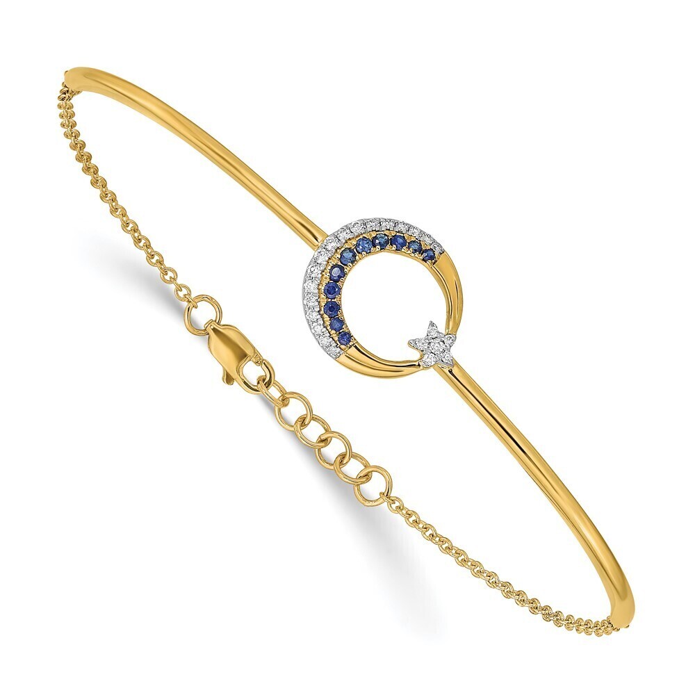 14k Yellow Gold Diamond & Sapphire Moon & Star 7in w/.5in ext Bar Bracelet